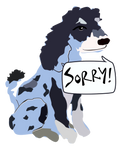 A cartoon-style illustration of a black-and-white dog sitting and holding a speech bubble that says “Sorry!” on a plain white background.
