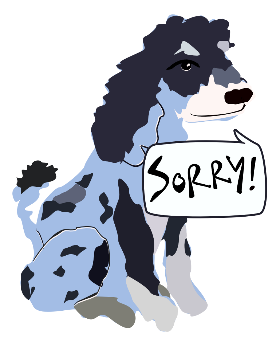 A cartoon-style illustration of a black-and-white dog sitting and holding a speech bubble that says “Sorry!” on a plain white background.