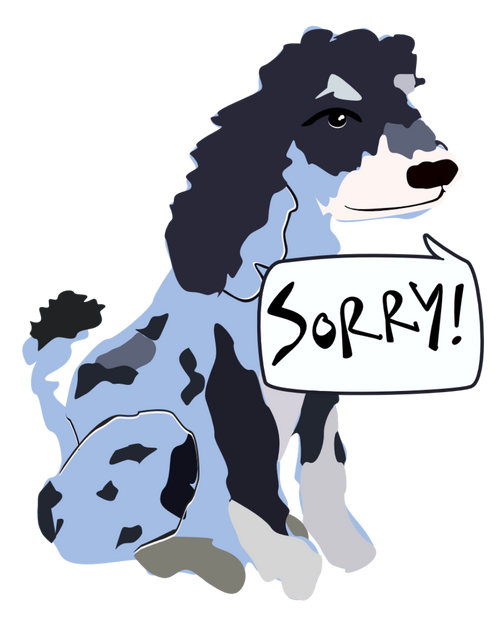 A cartoon-style illustration of a black-and-white dog sitting and holding a speech bubble that says “Sorry!” on a plain white background.