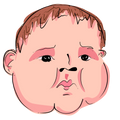 A stylized cartoon illustration of a baby's face with brown hair, pink skin tones, and black outlines on a white background.