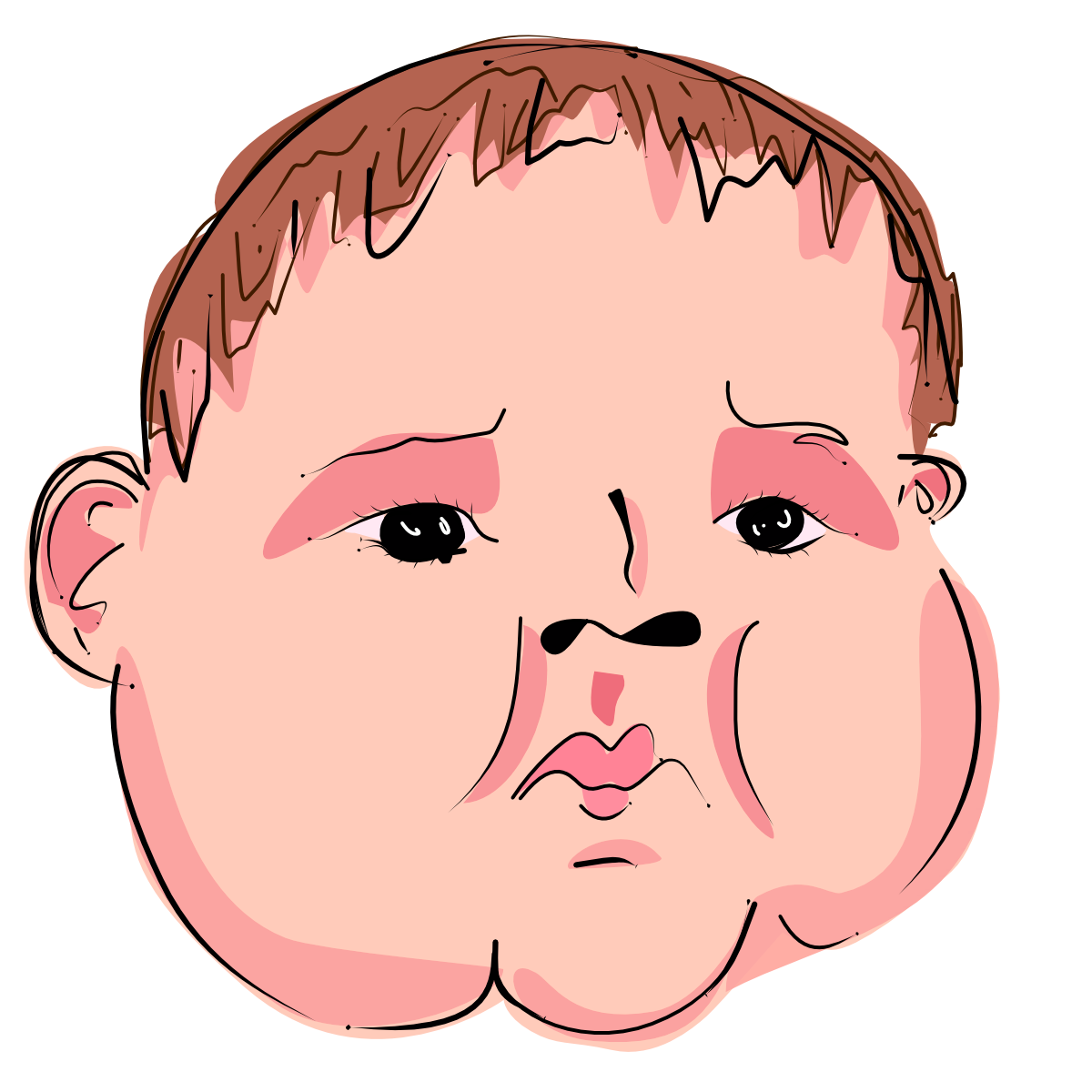A stylized cartoon illustration of a baby's face with brown hair, pink skin tones, and black outlines on a white background.