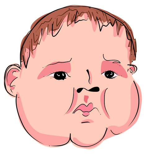 A stylized cartoon illustration of a baby's face with brown hair, pink skin tones, and black outlines on a white background.