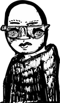 A black and white hand-drawn illustration of a bald person wearing thick eyeglasses and a textured top, rendered in a sketchy graphic style on a plain white background.