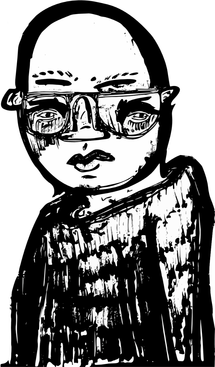 A black and white hand-drawn illustration of a bald person wearing thick eyeglasses and a textured top, rendered in a sketchy graphic style on a plain white background.
