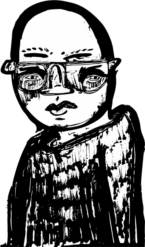 A black and white hand-drawn illustration of a bald person wearing thick eyeglasses and a textured top, rendered in a sketchy graphic style on a plain white background.
